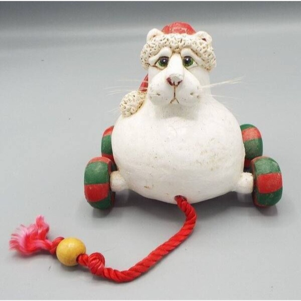 Vicki Thomas Christmas Fat Cat Pull Toy Gourd Santa Enesco 2000 Funny Bones Flaw